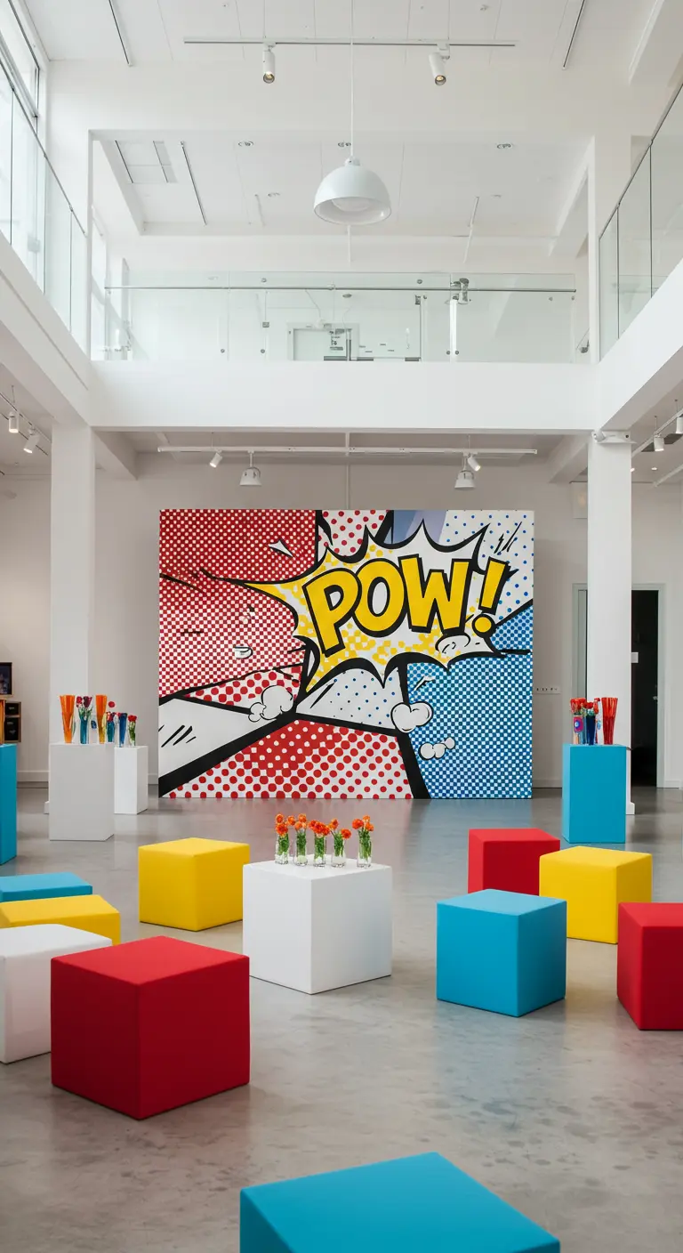 A giant pop art backdrop with the word 'POW!' in a bright, modern art gallery setting.
