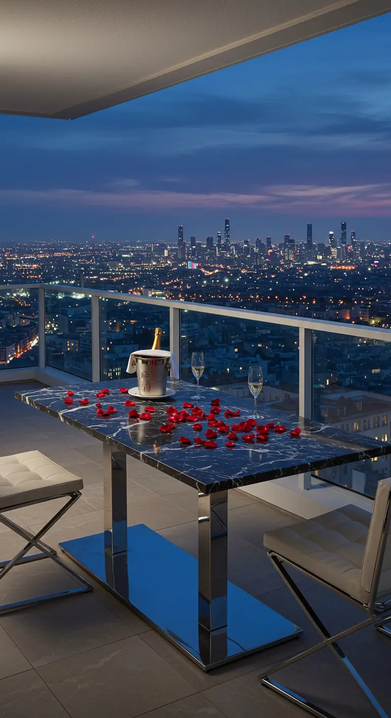 A black marble table on a city balcony at night, set with champagne and red rose petals.