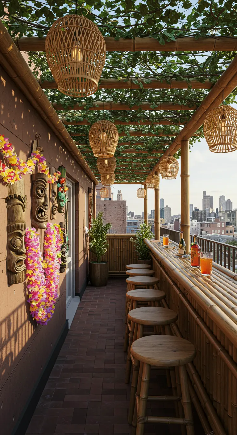 A long, narrow balcony tiki bar with a bamboo pergola, hanging lanterns, and stools facing out.