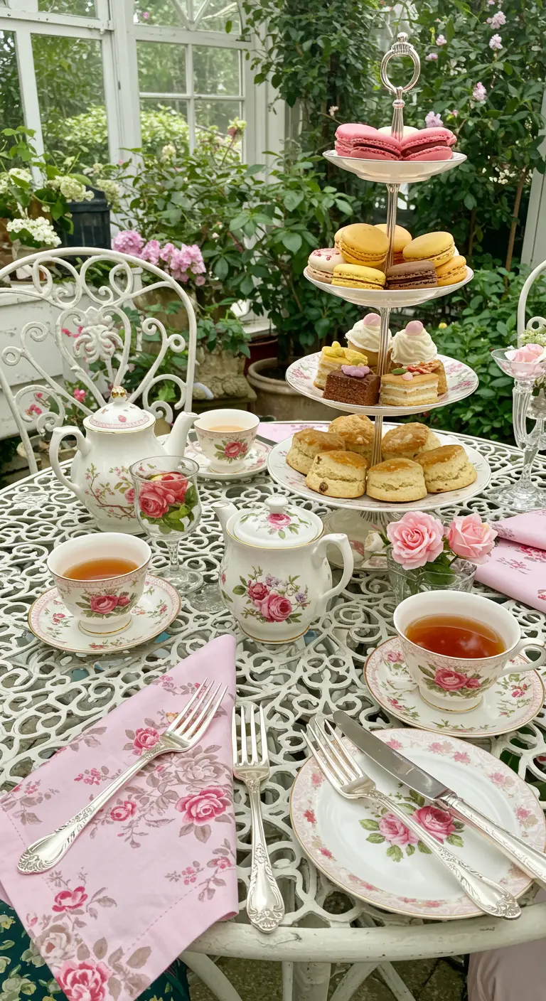 Garden tea party with rose-patterned china, pink napkins, and silver cutlery.
