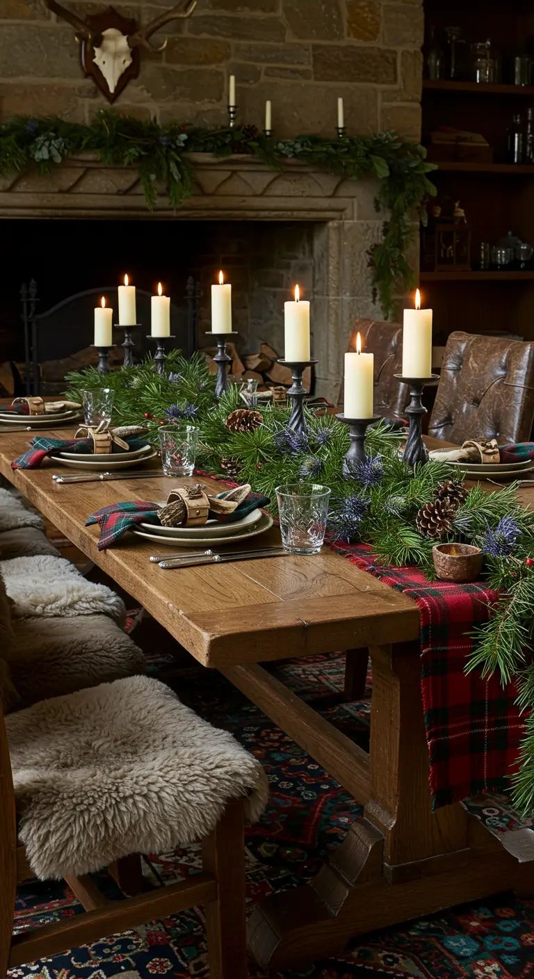 Rustic table with a red plaid runner, sheepskin seat covers, and a garland with thistles.