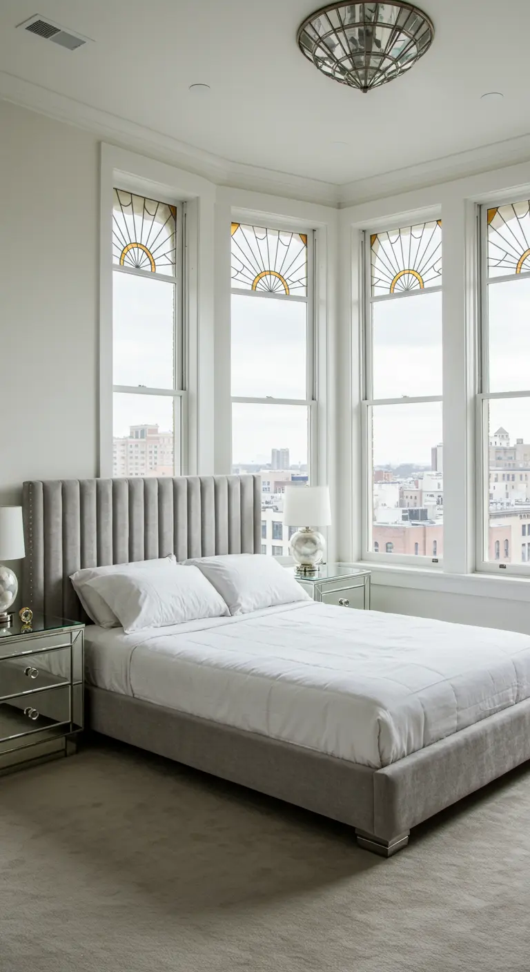 Bedroom in a bay window with original Art Deco stained glass sunburst designs.