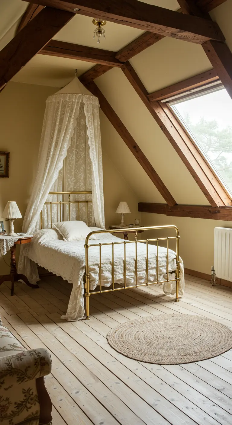 Attic bedroom with exposed wood beams, a brass bed with a lace canopy, and light wood floors.