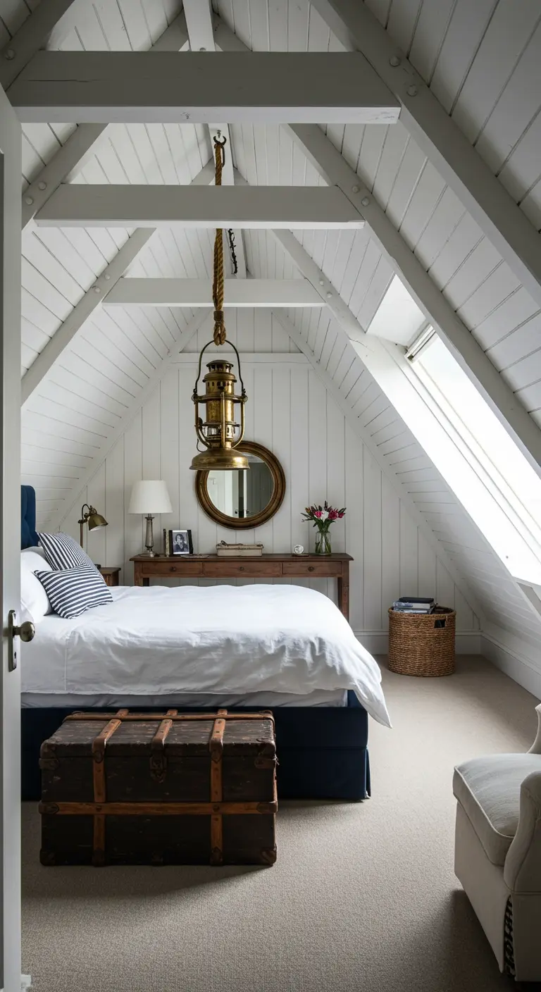 Attic bedroom with white shiplap walls and a single brass lantern hanging from the exposed beam.