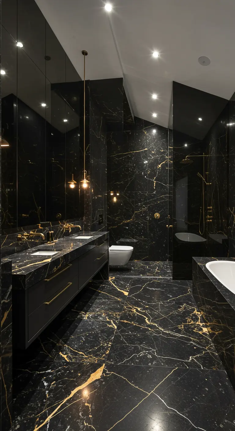 Dramatic black and gold marble bathroom with a floating black vanity and linear pendants.