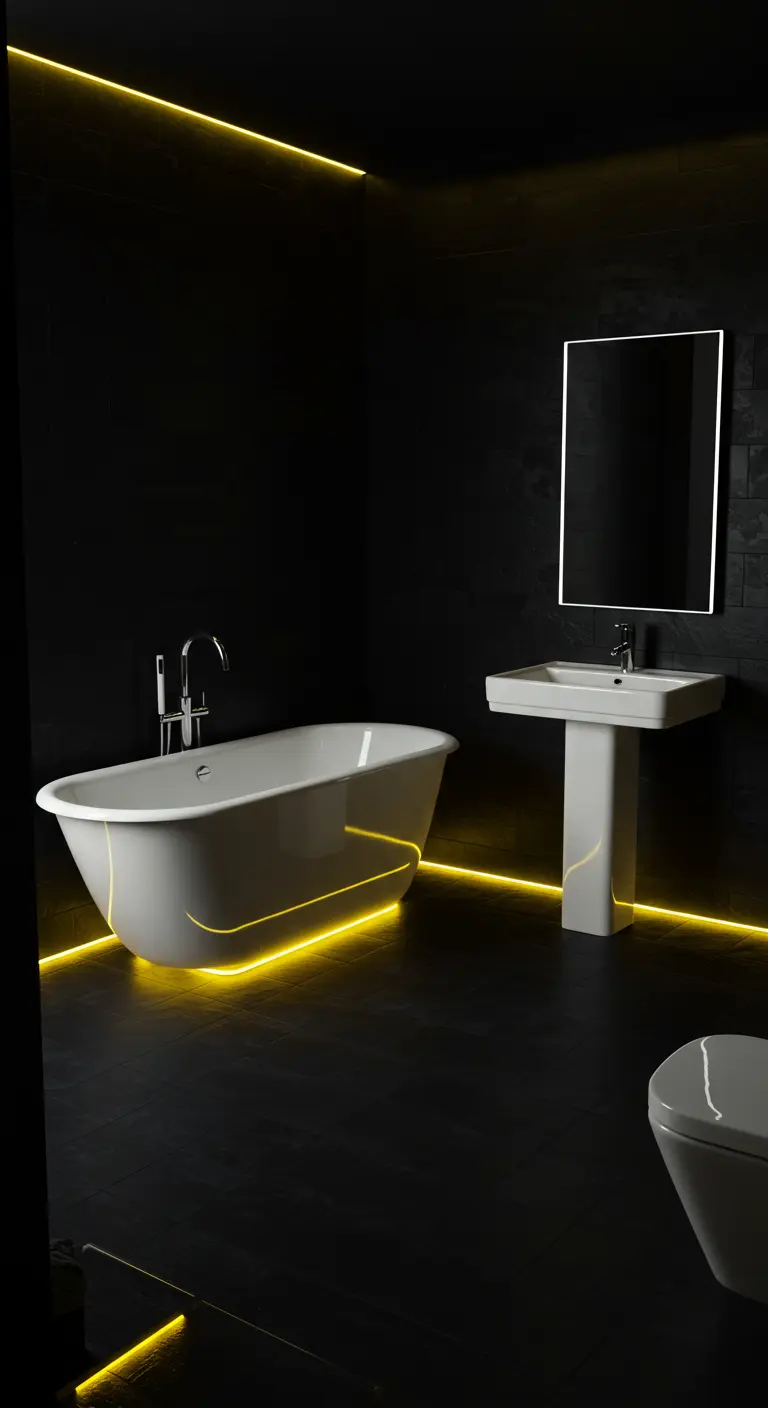 All-black bathroom where the bathtub and walls are underlit with yellow LED strips.