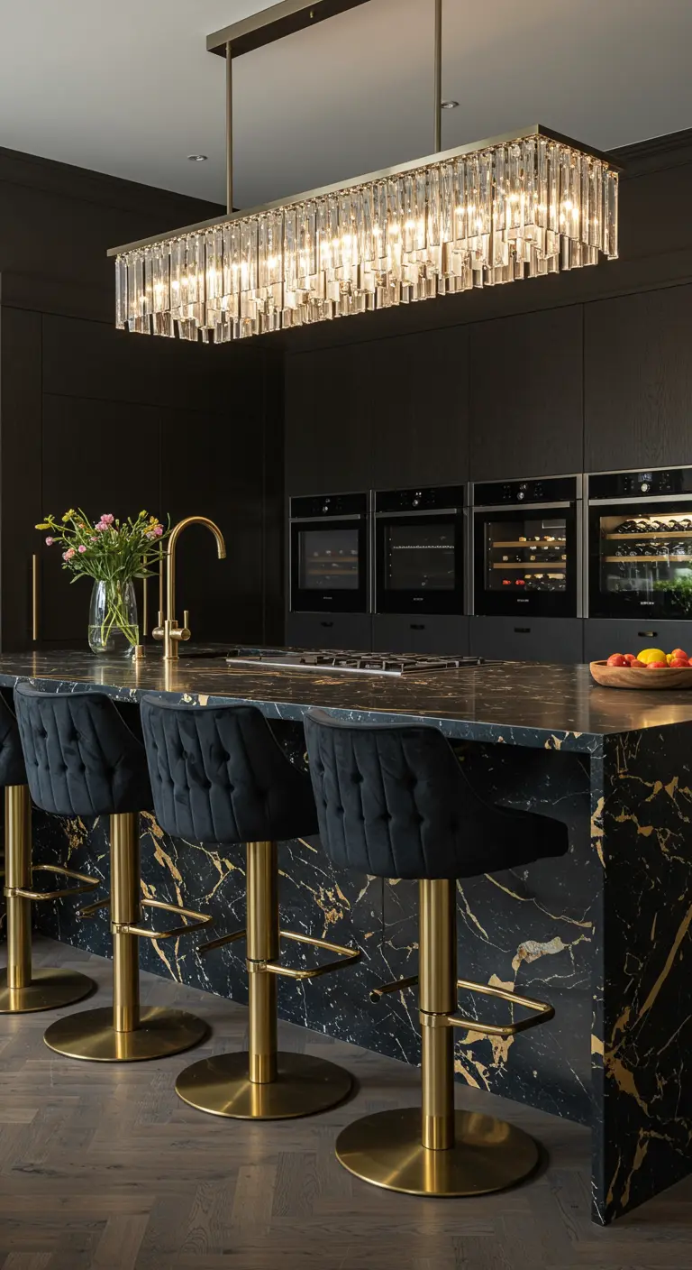 A dramatic kitchen with black marble featuring bold gold veining, paired with black and gold stools.