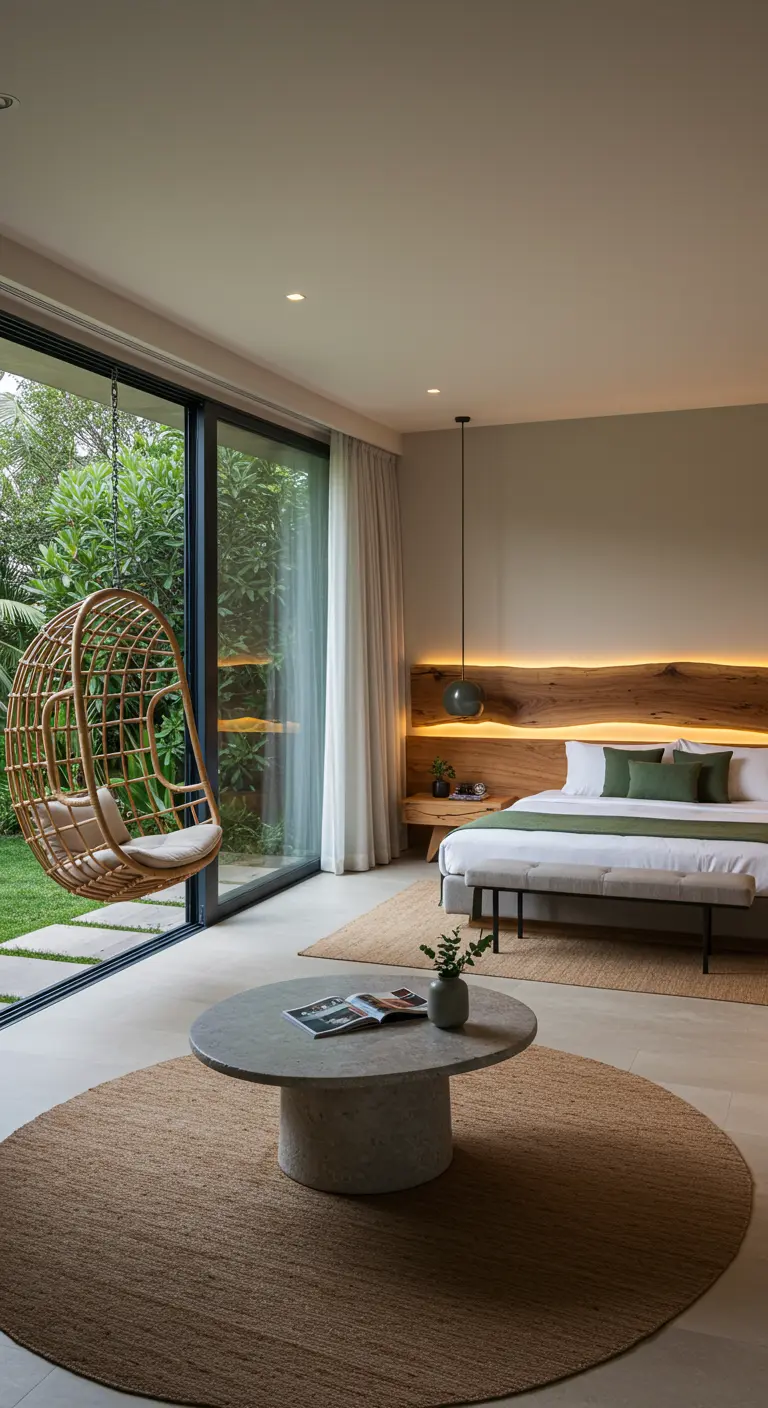 A live-edge wood headboard is backlit, with a wicker hanging chair nearby.