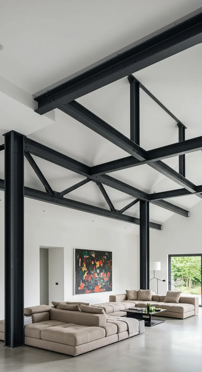 A spacious living room with exposed black steel I-beams and a large, neutral-toned sectional sofa.