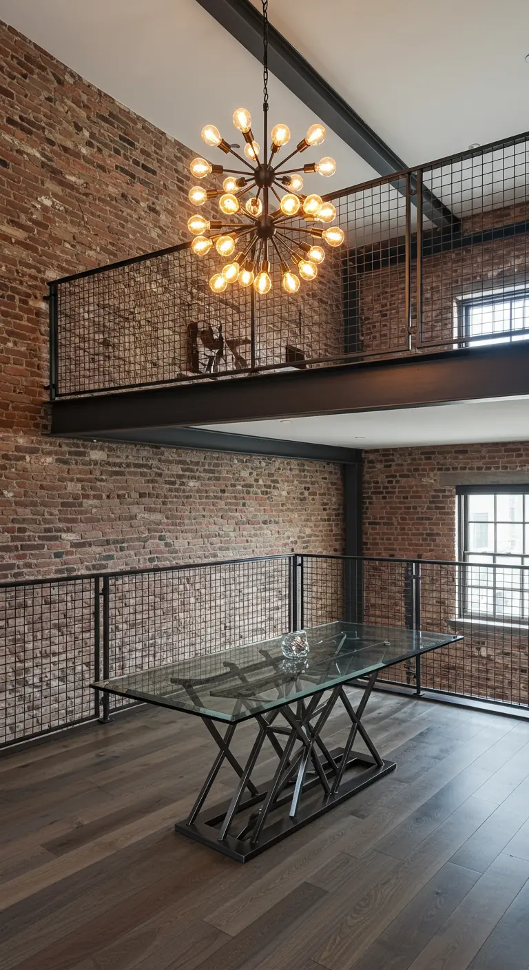 Two-story loft with a glass dining table under a large sputnik chandelier.