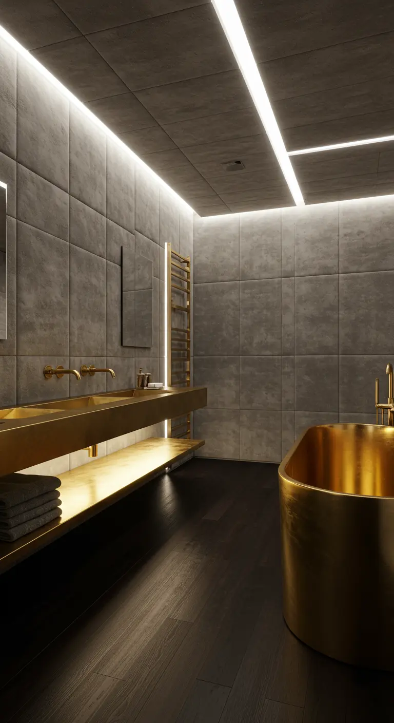 Dark bathroom featuring a floating gold vanity and matching tub, lit by linear ceiling LEDs.