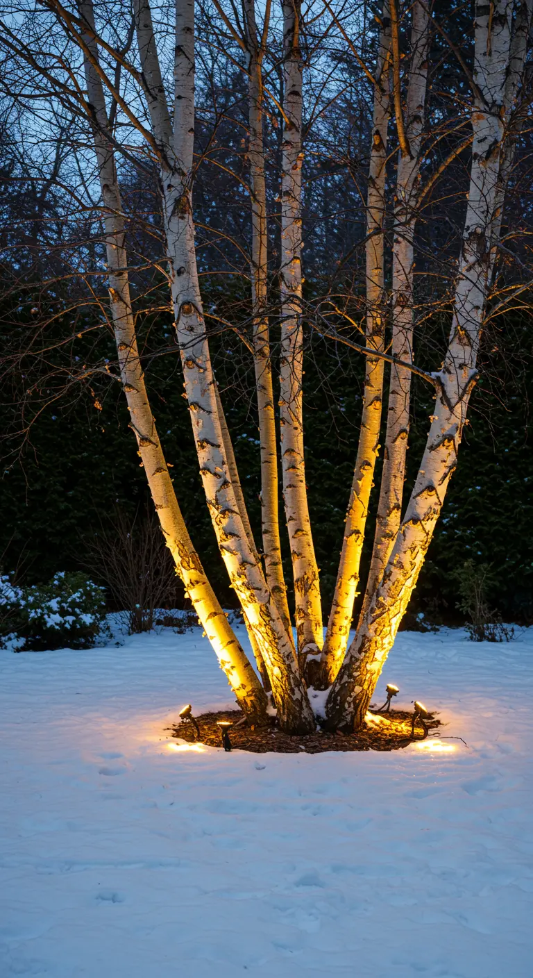 A clump of white birch trees illuminated from the base by warm spotlights.