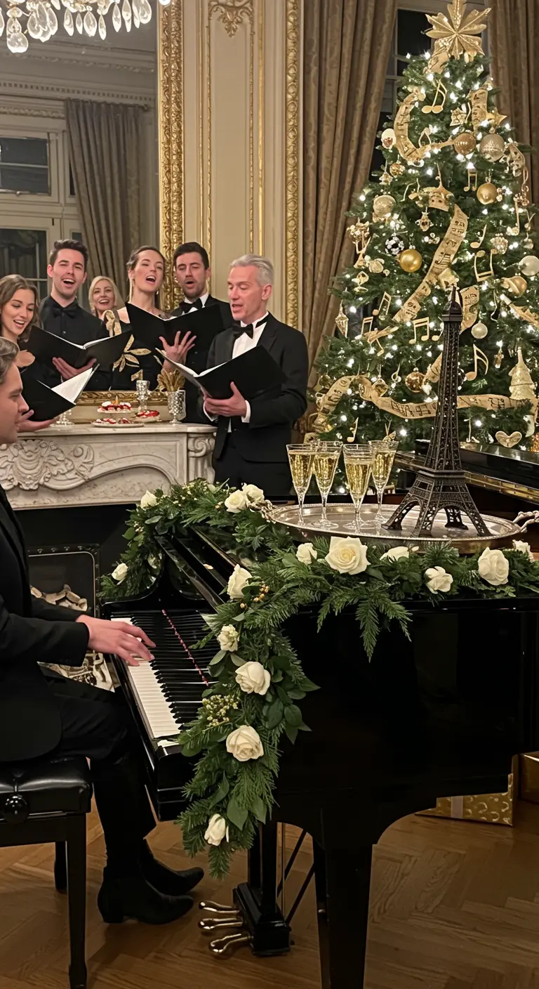 People singing carols around a piano decorated with a garland of white roses and evergreens