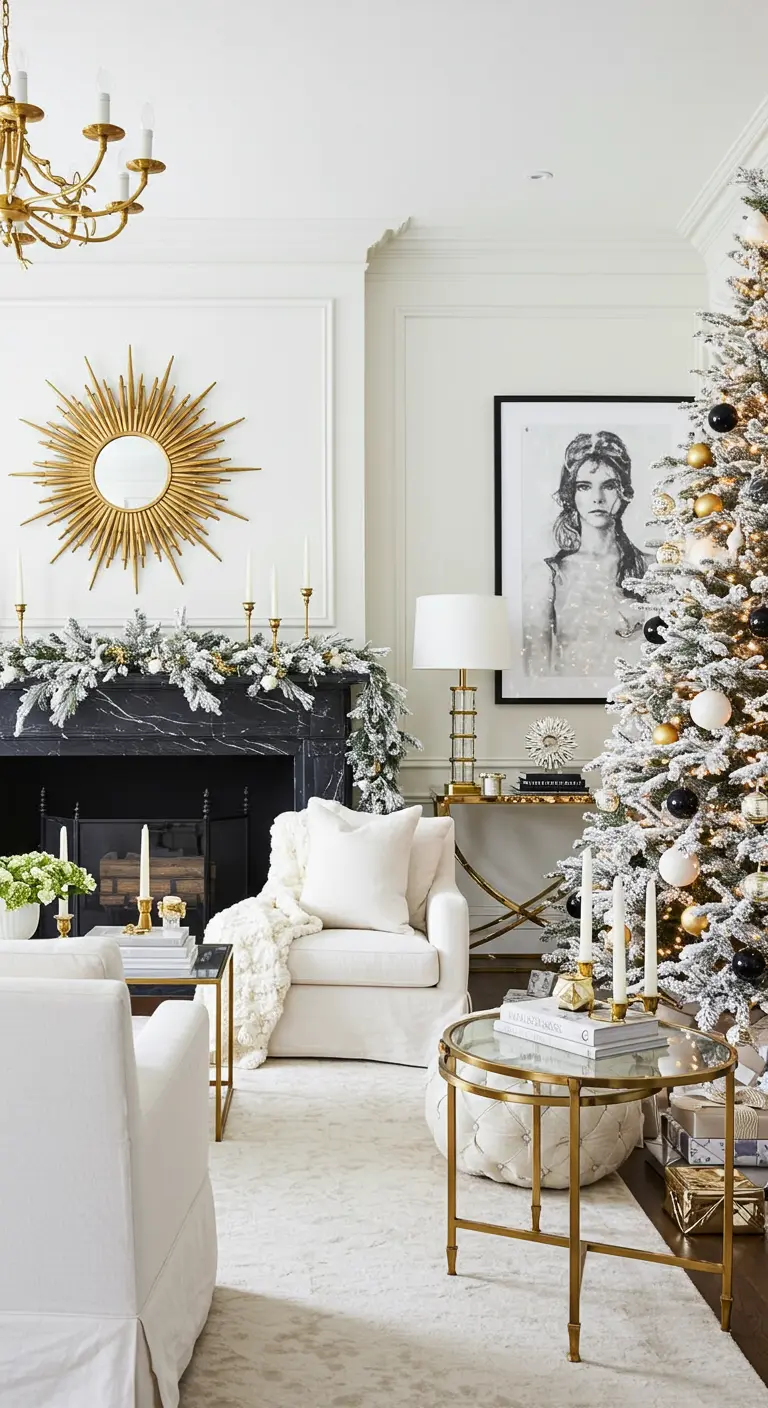 White living room with a gold sunburst mirror and a flocked Christmas tree.