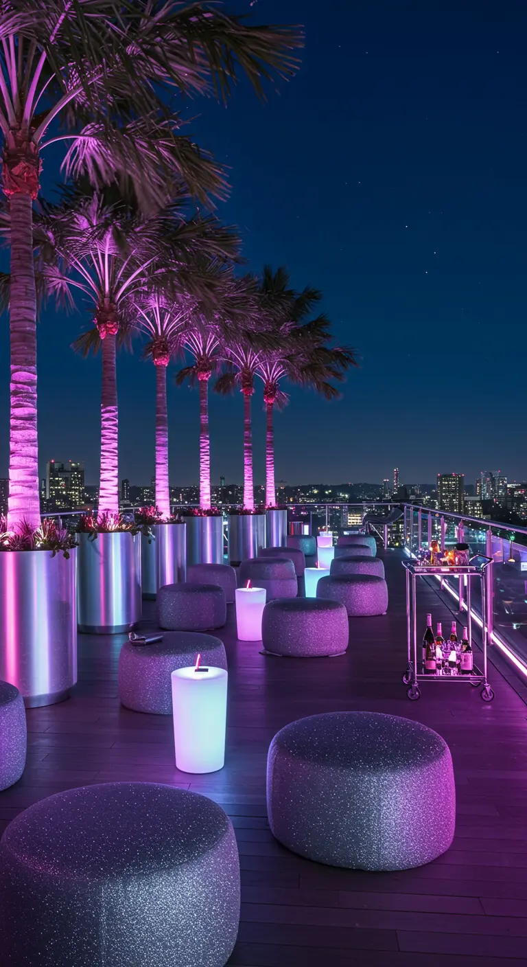 Rooftop bar at night with purple lighting on palm trees and glittery dark poufs.