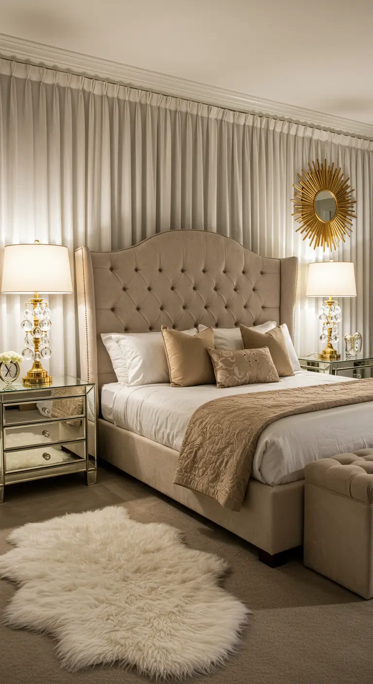 Cream and gold bedroom with a tufted headboard, mirrored furniture, and crystal lamps.