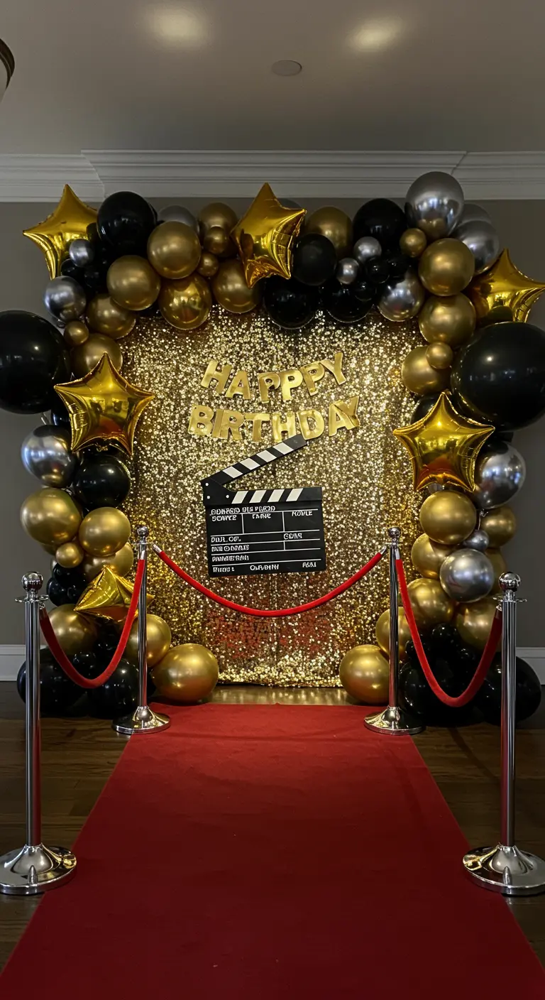 Hollywood-themed balloon arch with a gold sequin backdrop and red carpet.