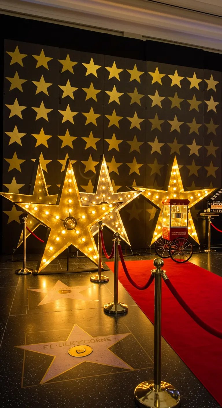 A Hollywood-themed party entrance with large marquee light-up stars, a red carpet, and gold stanchions.