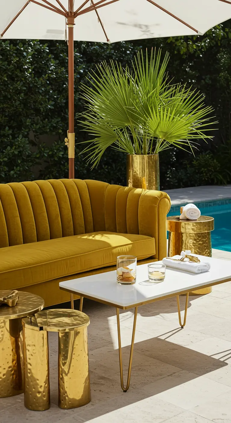 A glamorous channel-tufted mustard velvet sofa by a pool with shiny gold side tables.