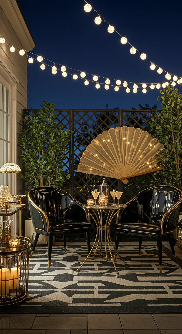 An Art Deco patio with black and gold chairs, a geometric rug, and a large decorative fan.