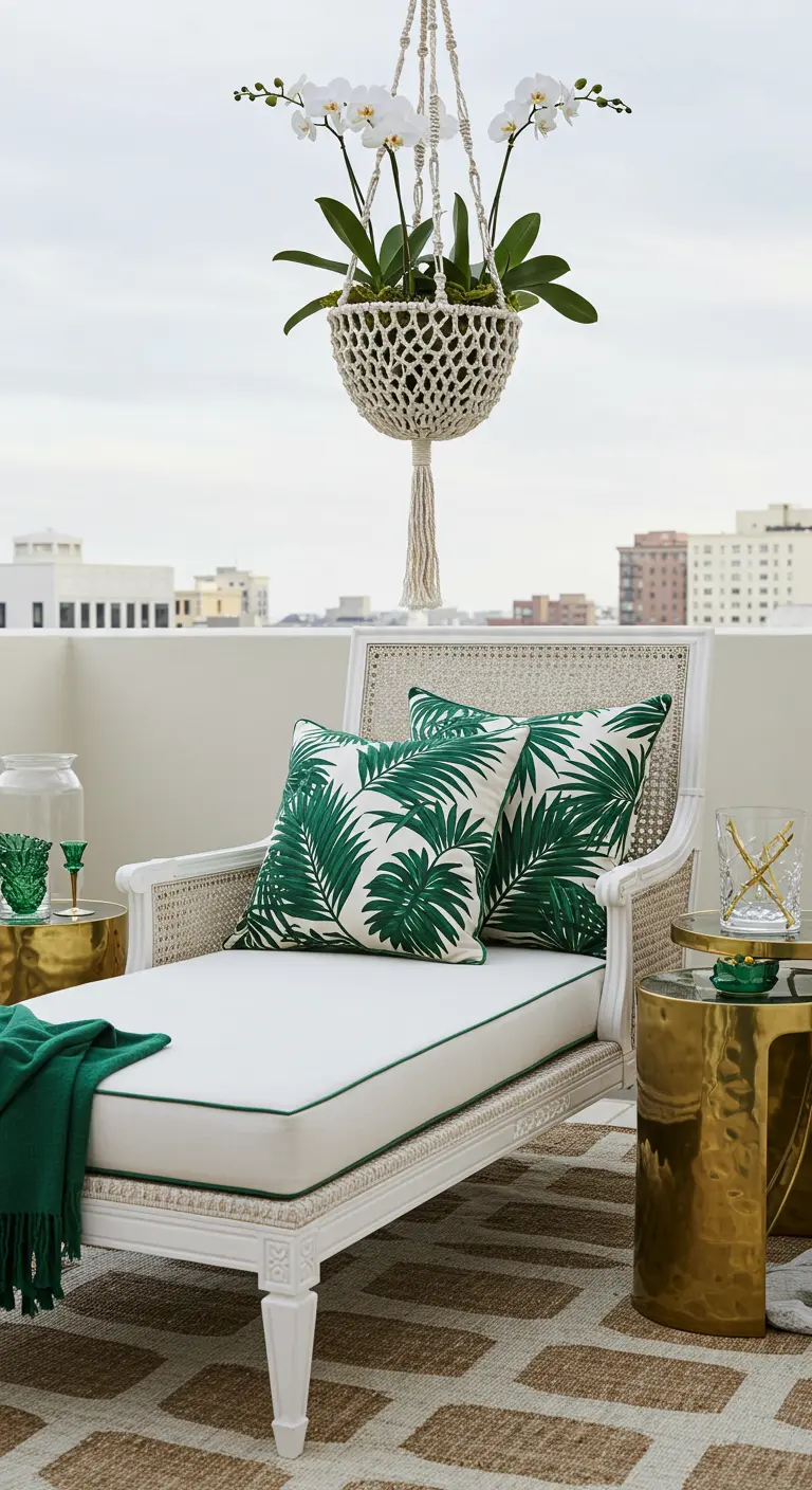 Elegant white chaise with palm leaf pillows and gold side tables on a rooftop.