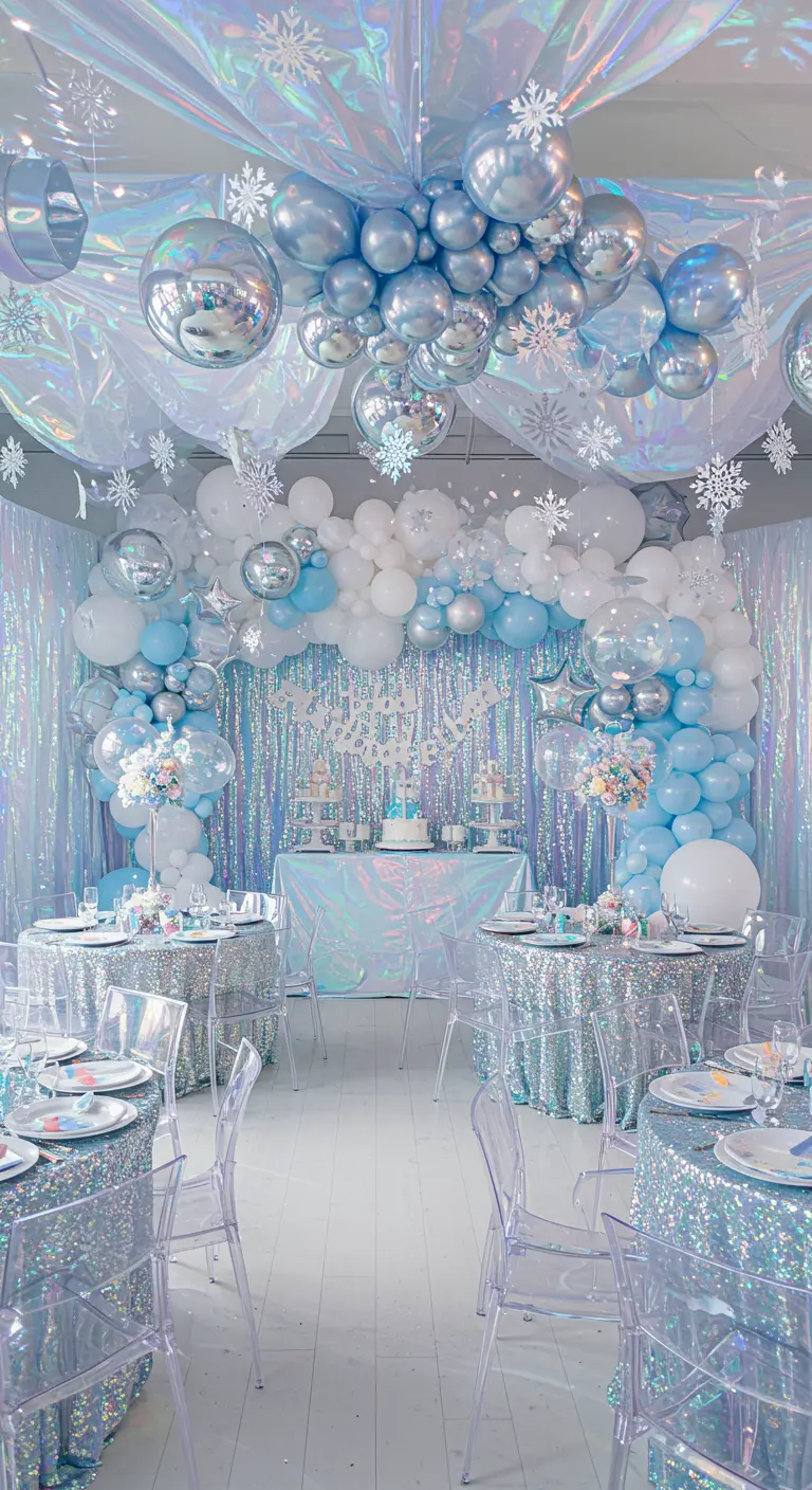 A futuristic polar party with iridescent walls and ceiling, silver balloons, and disco balls.