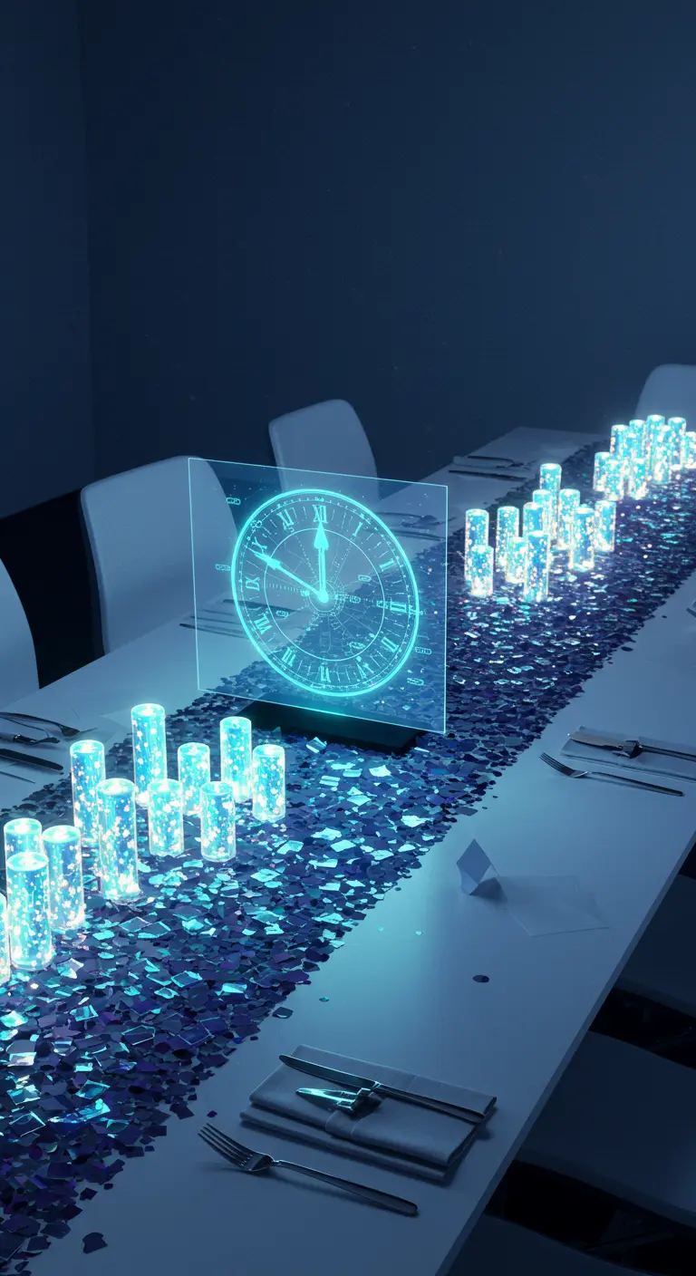 A futuristic NYE table with a holographic confetti runner and a glowing acrylic clock centerpiece.
