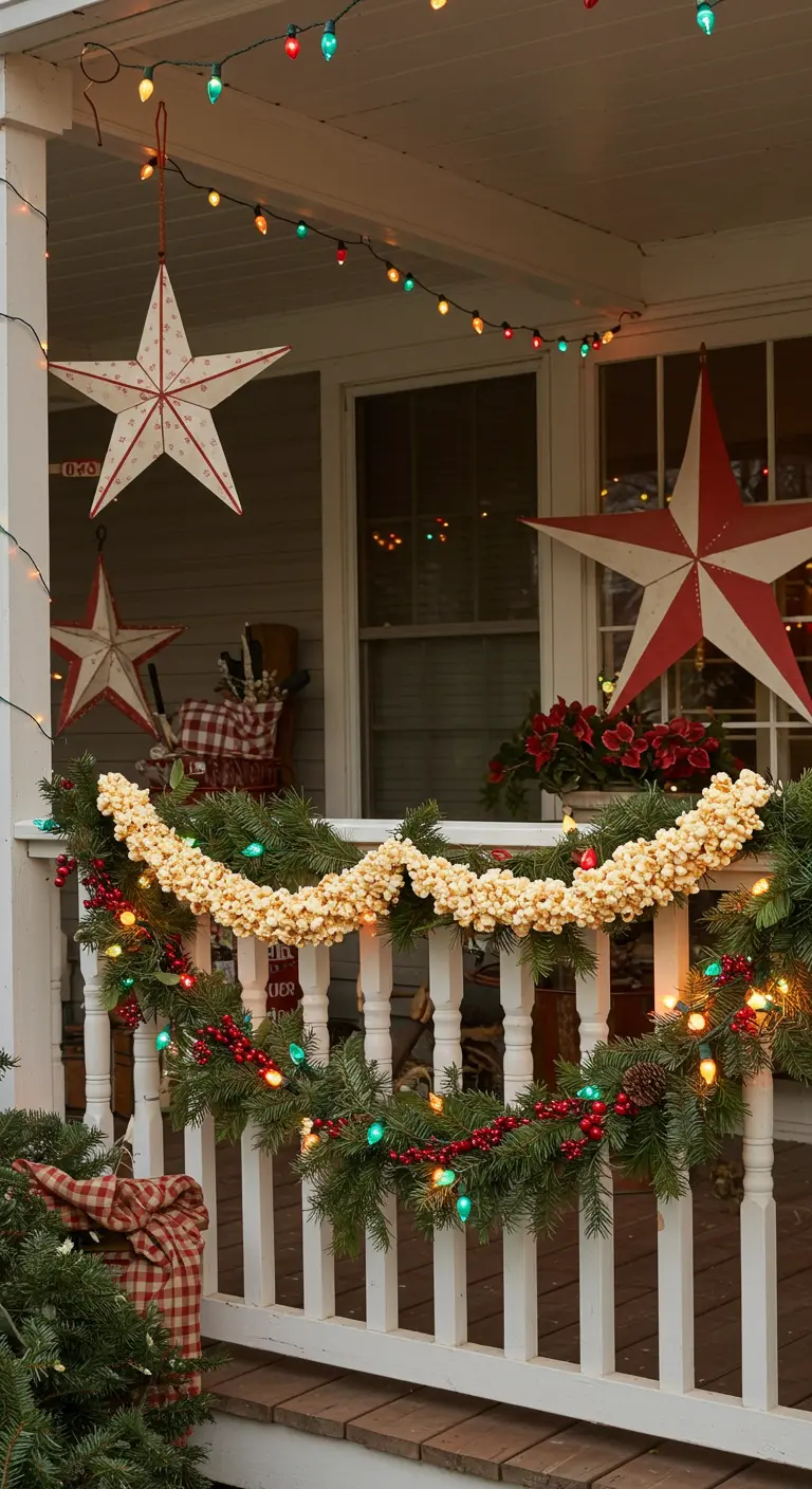 A white porch railing with garland, a popcorn swag, and large red and white barn stars.