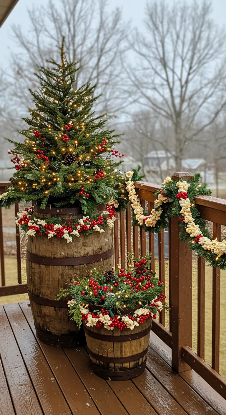 Whiskey barrel planters on a deck, decorated with evergreens, berries, and popcorn garland.