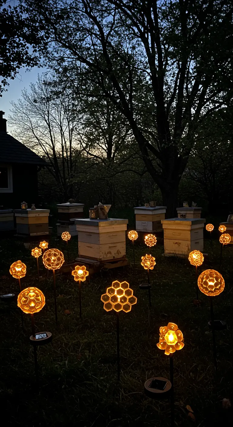 Solar-powered lights shaped like honeycombs glowing in a field near beehives.