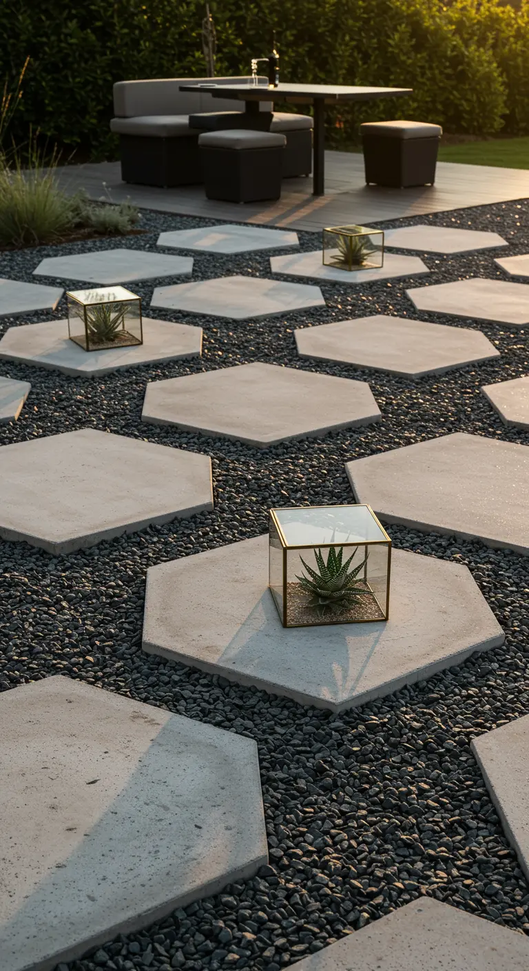 Modern hexagonal concrete pavers on dark gravel, with some holding glass terrariums.
