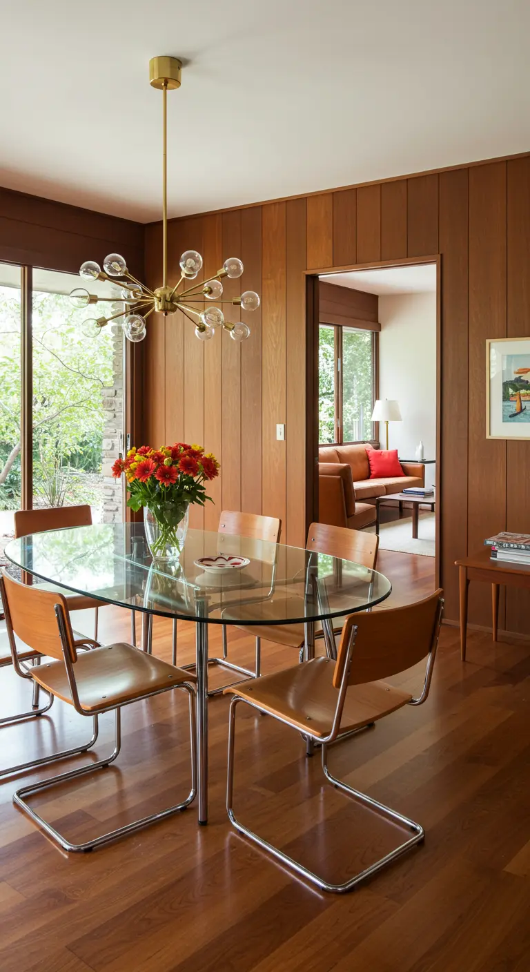 Mid-century modern dining room with a glass table and a Sputnik chandelier.