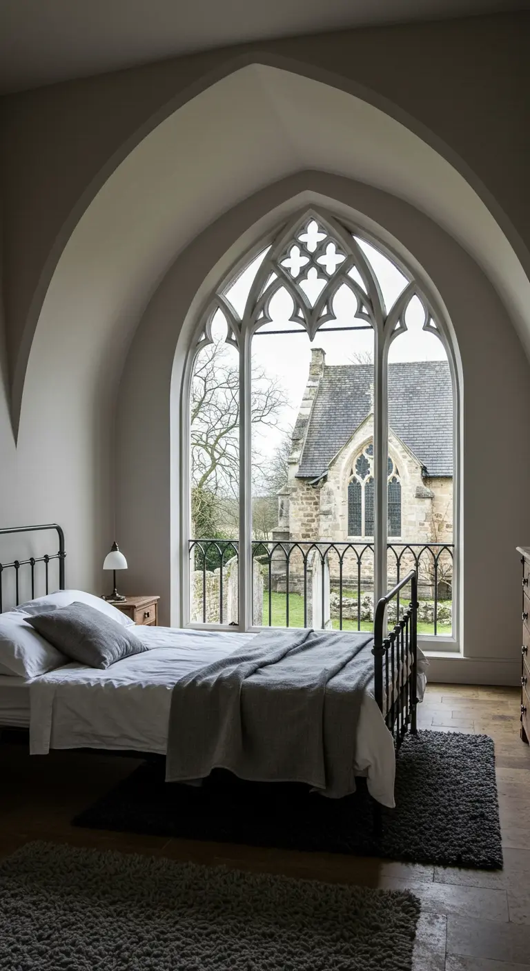 A bedroom with a large, ornate Gothic arched window and a simple black metal bed.