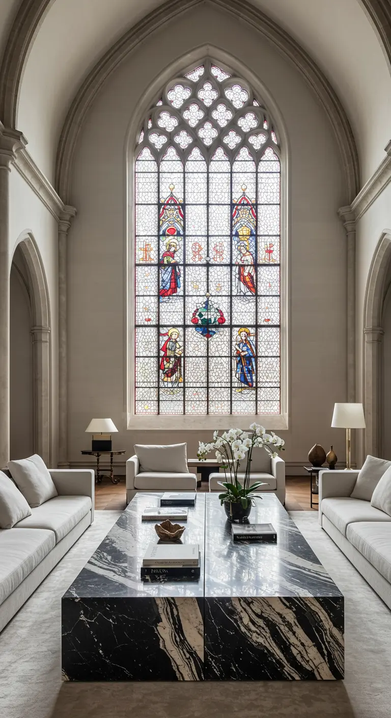 Grand living room in a converted church with a large stained glass window and two massive marble tables.