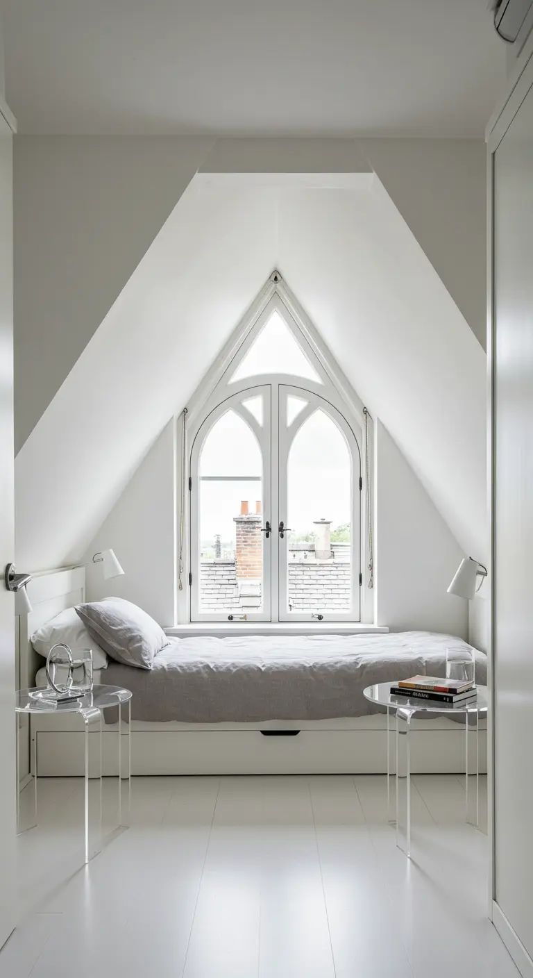 Attic bedroom with a large arched window and two clear acrylic side tables.
