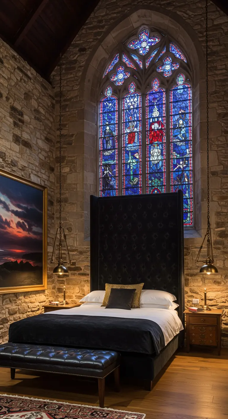 Bedroom in a converted church with stone walls and a large stained glass window.