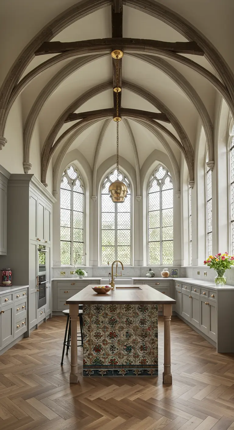 A kitchen in a cathedral-like space with vaulted ceilings and an island with muted tile.