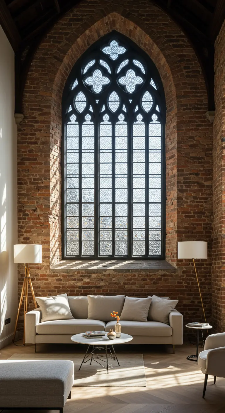 A massive arched gothic window serves as the focal point in a brick-walled living room.