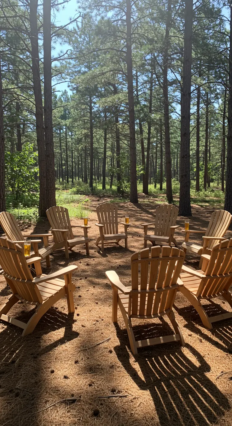 A perfect circle of eight wooden chairs around a fire pit on a sunny day in the woods.