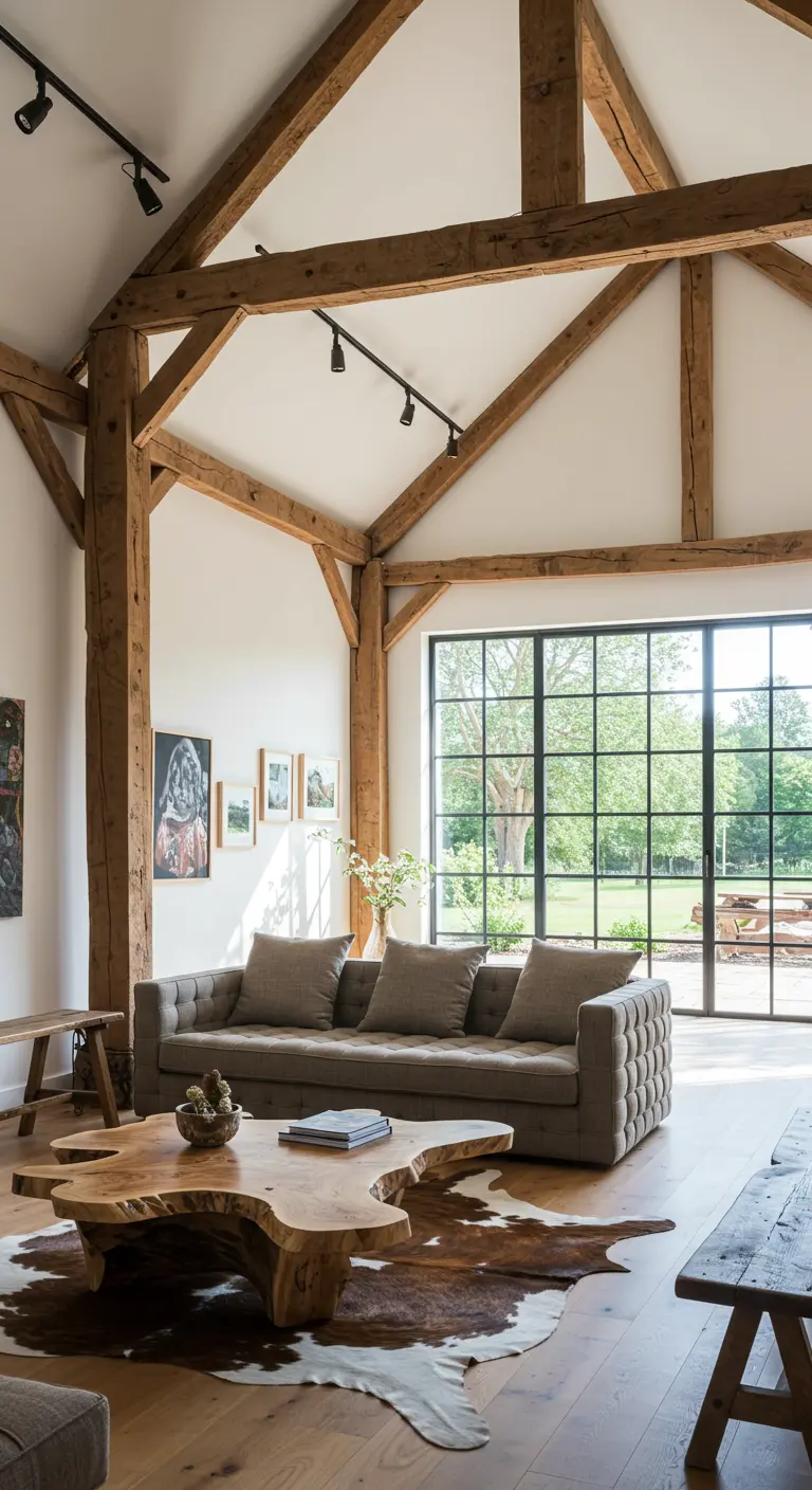Living room in a converted barn with exposed wood beams, a tufted sofa, and a cowhide rug.