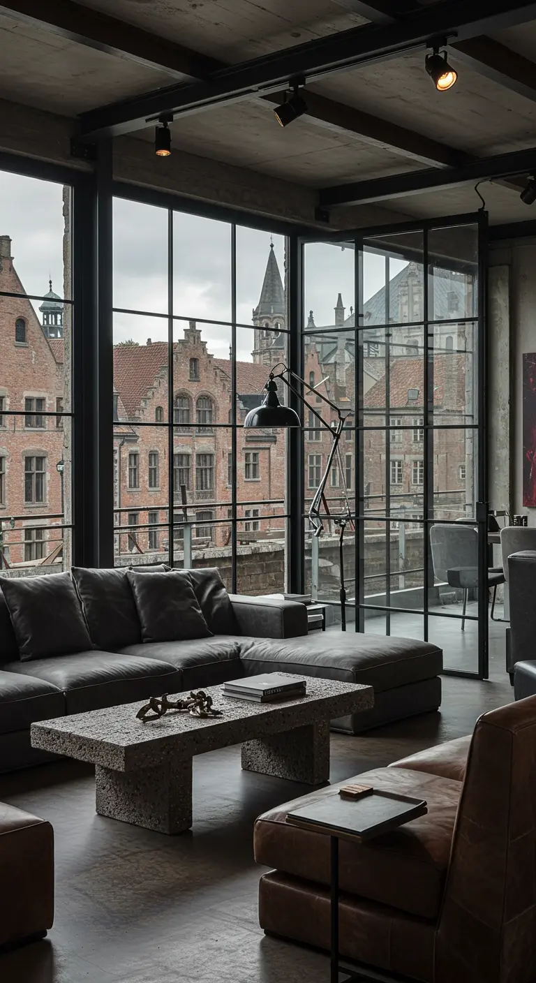 An industrial loft with a large sectional and a view of historic buildings through black-framed windows.