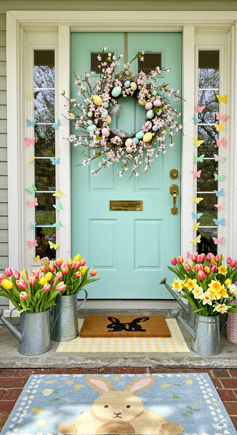 Mint green door with an Easter egg wreath, tulips in watering cans, and butterfly garlands.