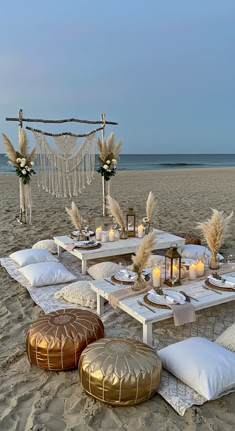 A boho beach picnic with low white tables, gold poufs, macramé backdrop, and pampas grass.
