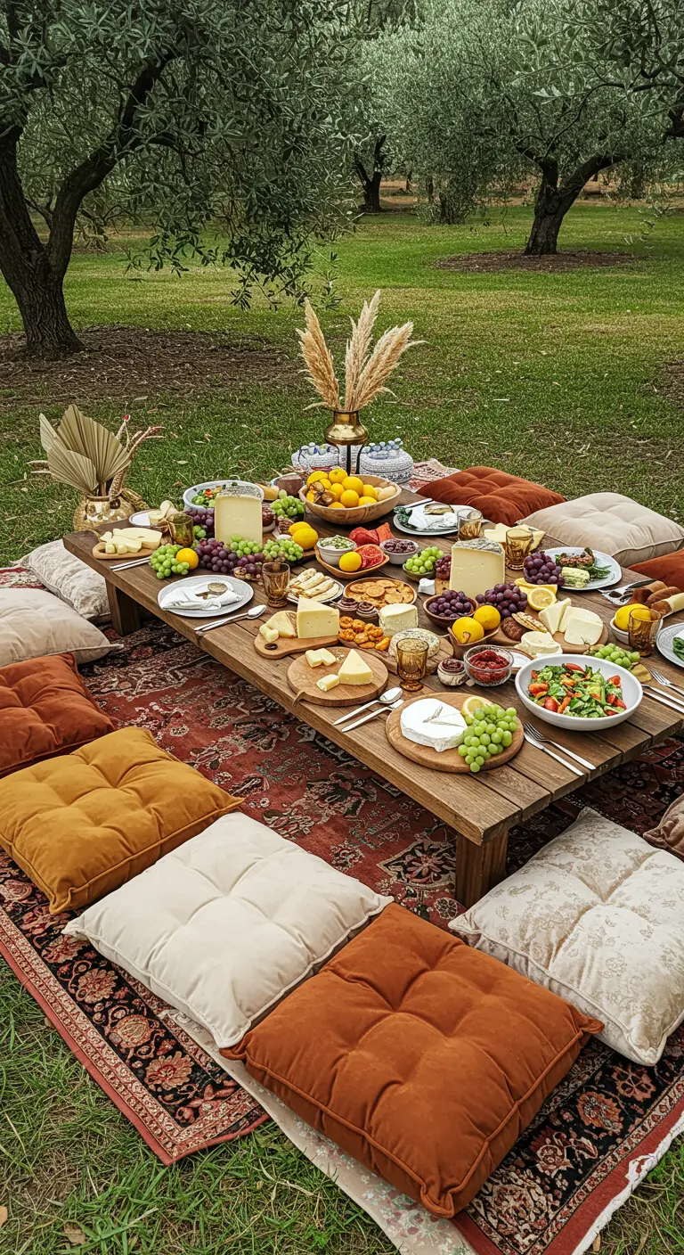 A low picnic table set on rugs with plush floor cushions, laden with a grazing board.