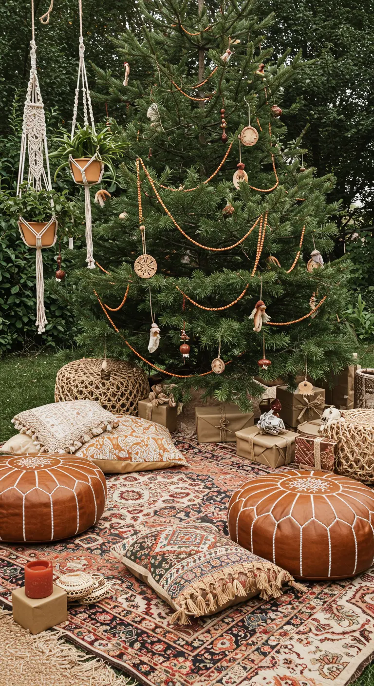 An outdoor Christmas scene with a decorated fir tree, layered rugs, and leather poufs.