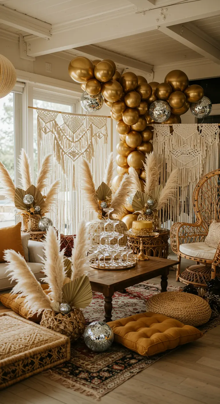 A boho-themed party with a gold balloon garland, macrame hangings, and pampas grass.
