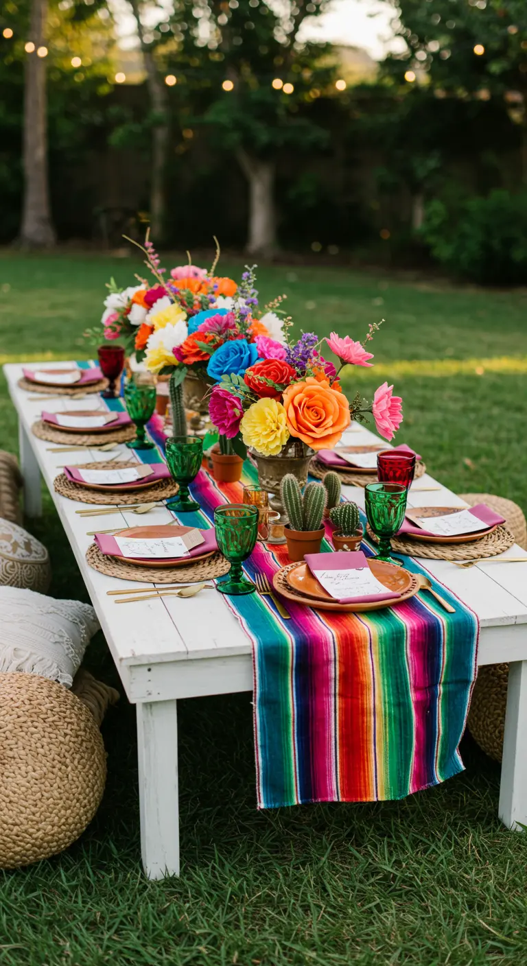 Low picnic table on the grass with a serape runner, colorful flowers, and woven floor poufs for seating.