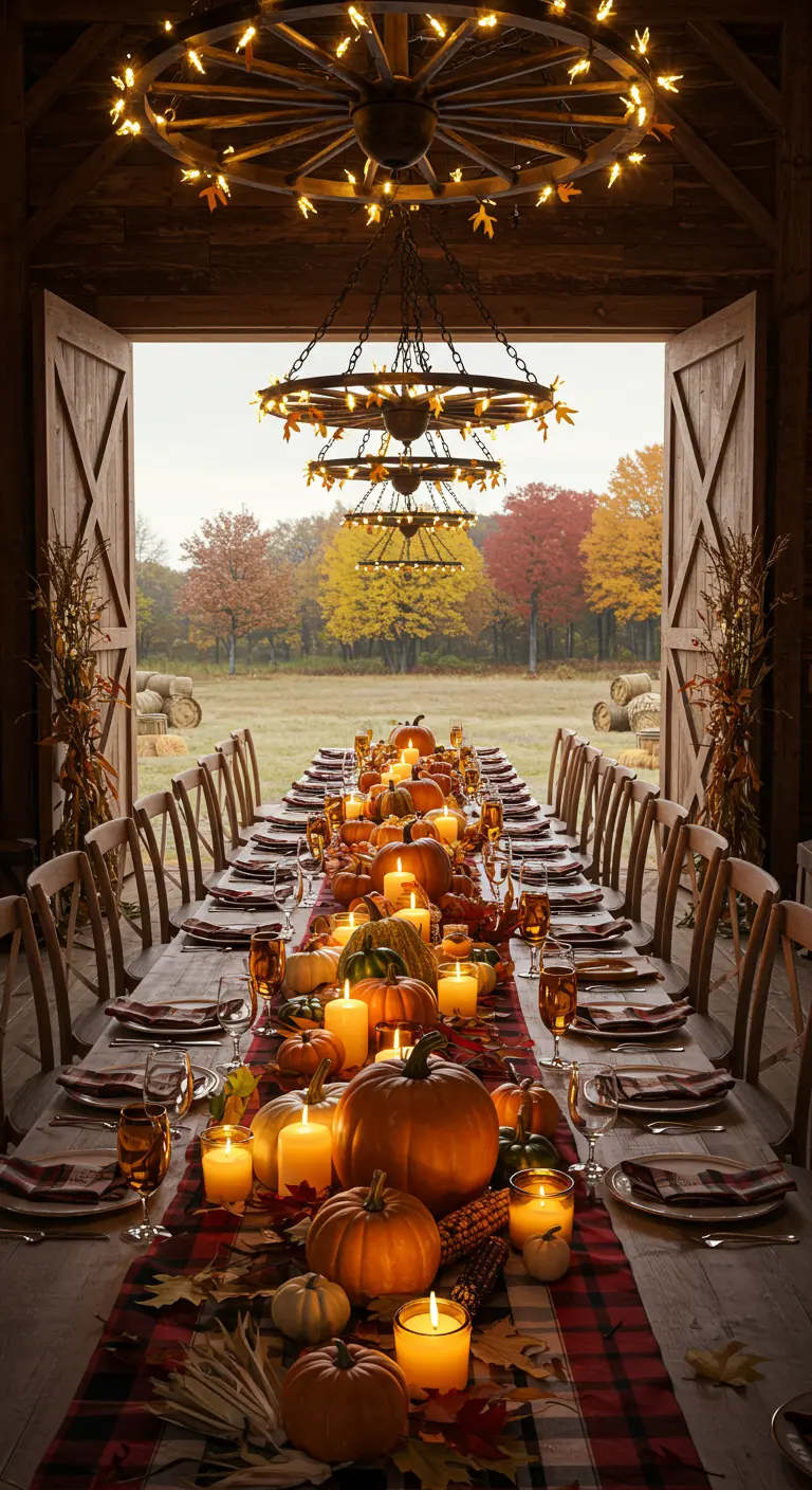 Long Thanksgiving table set in a barn with open doors and wagon wheel chandeliers.