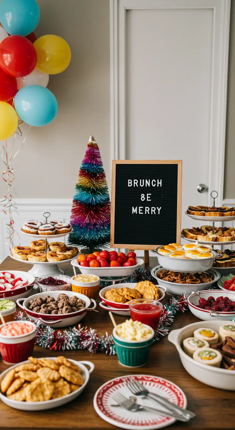 A holiday brunch buffet with a rainbow tinsel tree and a 'Brunch & Be Merry' sign.