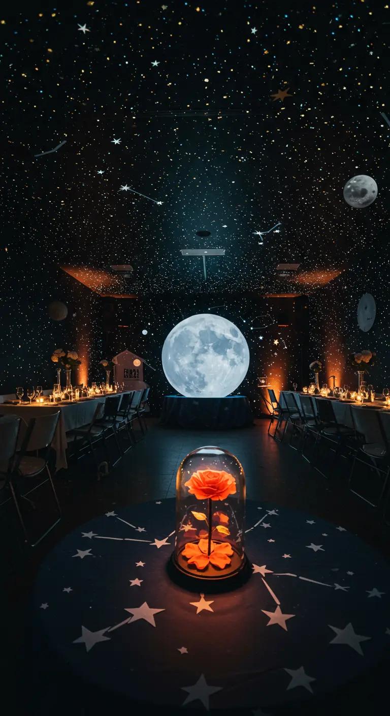 A celestial-themed party with a starry ceiling and an enchanted rose centerpiece.